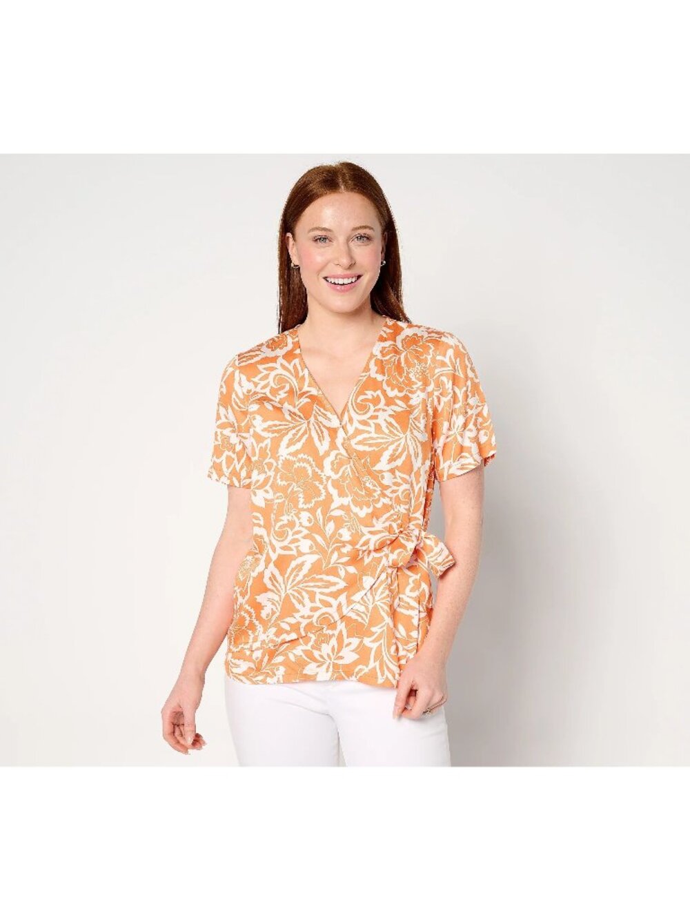 AnyBody Top Large Printed Short Sleeve Faux Wrap Woven Apricot Orange Boho NEW